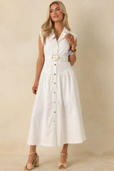 Just Right Moments White Sleeveless Belted Maxi Shirt Dress