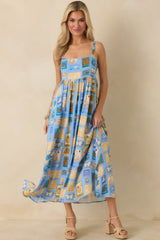 From Far & Away Blue Multi Vintage Stamp Print Midi Dress