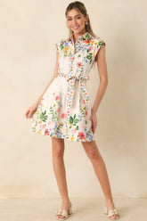 What Lies Ahead White Multi Cotton Floral Tie Belt Mini Dress