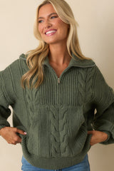 Day After Day Green Cable Knit Quarter Zip Pullover Sweater