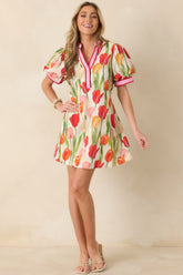 Bright Days Ahead Red Tulip Print Cotton Short Sleeve Mini Dress
