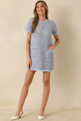 Soft Kisses Light Blue Short Sleeve Tweed Mini Dress