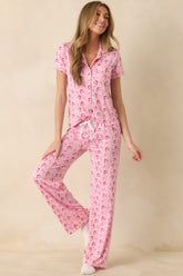 Jolly Little Thing Light Pink Multi Santa Short Sleeve Button Up Pajama Top