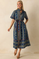 Petals In The Wind Navy Multi Floral Print Cotton Maxi Shirt Dress