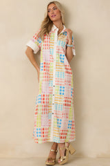 Fresh Palette Multi Color Cotton Check Button Front Maxi Shirt Dress
