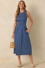 Nothing But Chic Blue Polka Dot Cotton Sleeveless Midi Dress
