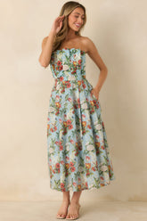 The Genevieve Sky Blue Multi Vintage Floral Print Cotton Strapless Maxi Dress