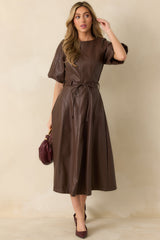 Something to Behold Brown Faux Leather Short Sleeve Belted Midi Dress