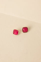 Too Cute To Cancel Gold & Cranberry Red Square Stud Earrings