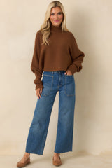 Polished Path Brown Ribbed Batwing Cropped Turtleneck Sweater