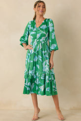 In Perfect Harmony Green & Blue Floral Print V-Neck Midi Dress