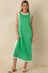 Perfectly Framed Green Jersey Knit Contrast Trim Sleeveless Maxi Dress
