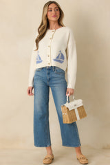 Catch the Breeze Ivory Sailboat Knit Button Front Cardigan Sweater