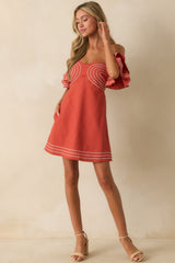 Left An Impression Burnt Orange Linen Blend Off The Shoulder Mini Dress