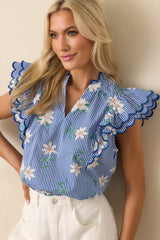 Sidewalk Cafè Blue Floral Cotton Flutter Sleeve Top