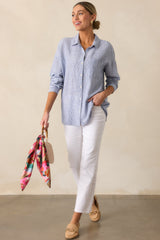 What Do You Mean Blue Stripe Linen Blend Button Front Top