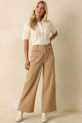 Set For The Day Camel Cotton Scalloped Wide Leg Pants