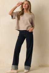 Never Looked Back Oatmeal Beige Contrast Trim Short Sleeve Sweater