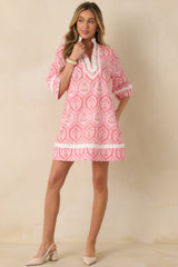 Flowering Feelings Pink Floral Pattern Cotton V-Neck Mini Dress