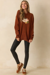 Another Town Over Rust Brown Coffee Cup Knit Crewneck Sweater