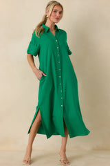 Show Me the Way Kelly Green Cotton Button Front Midi Shirt Dress