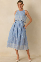 Right Here Waiting Light Blue Cotton Scallop Lace Embroidered Midi Dress