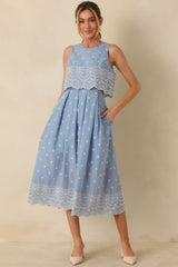 Right Here Waiting Light Blue Cotton Scallop Lace Embroidered Midi Dress