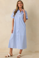 Pretty in Pinstripes Blue Cotton Stripe Button Front Maxi Shirt Dress