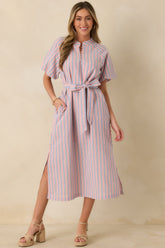Elegantly In Route Pink & Blue Stripe Cotton Blend Belt Tie Midi Dress