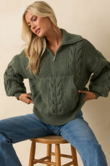 Day After Day Green Cable Knit Quarter Zip Pullover Sweater