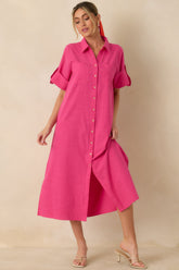 Show Me the Way Fuchsia Cotton Button Front Midi Shirt Dress