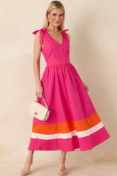 Just Getting Started Fuchsia Pink & Orange Cotton Tie Strap Midi Dress