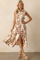 Already Handled It Light Brown Botanical Print Midi Shirt Dress