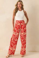 Aylaya Red Floral Print Linen Blend Key West Pants