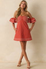 Left An Impression Burnt Orange Linen Blend Off The Shoulder Mini Dress