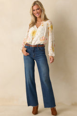 Just Winging It Ivory Multi Floral Print Rayon Long Sleeve Blouse