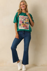 Sending Postcards Acid Wash Green Cotton Stamp Graphic Tee