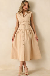 Just Right Moments Beige Sleeveless Belted Maxi Shirt Dress
