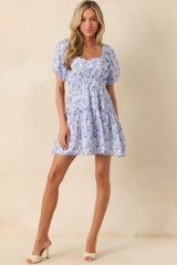 MINKPINK Blue Floral Print Evelyn Puff Sleeve Mini Dress