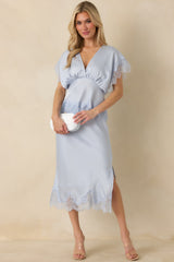 Just Call Me Later Powder Blue Satin Lace Trim Midi Skirt