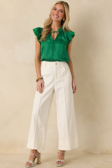 The Way It Unfolded Green Ruffle & Lace Trim V-Neck Blouse