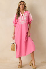 When It Feels Right Pink Embroidered V-Neck Maxi Dress