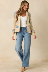 Coast Is Clear Light Beige Multi Knit Button-Up Sailboat Cardigan Sweater