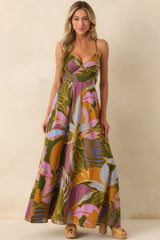 Making Today Mine Olive Green Multi Floral Print Cotton Maxi Dress