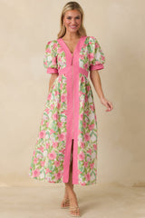 Color Me Floral Pink Multi Floral Print Cotton Zip Front Midi Dress