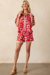 Peace Within Red Patchwork Print Linen Blend Button Front Top