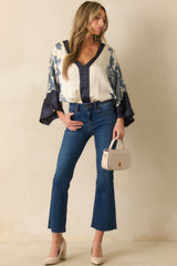 With That Said Navy Multi Print Contrast Trim Kimono Sleeve Bodysuit