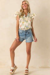 Worth The View Ivory Floral Print Cotton Button Front Top