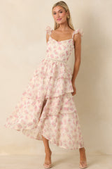 Blissful Garden Light Pink Floral Flutter Sleeve Maxi Dress