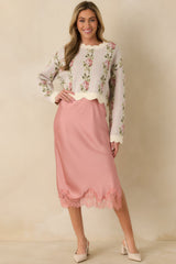 Just Call Me Later Blush Pink Satin Lace Trim Midi Skirt